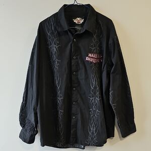 Harley-Davidson XL Black Button-Up Shirt with Grey Tribal Print